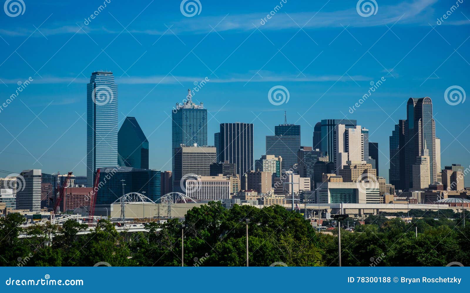 dallas texas downtown metropolis skyline cityscape with highrises and office buildings on nice sunny day
