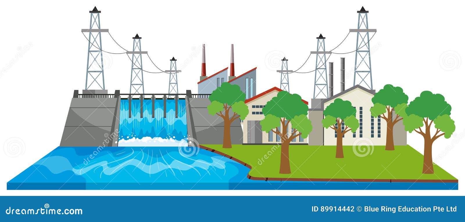 Dam and Electricity Buildings by the River Stock Vector Illustration