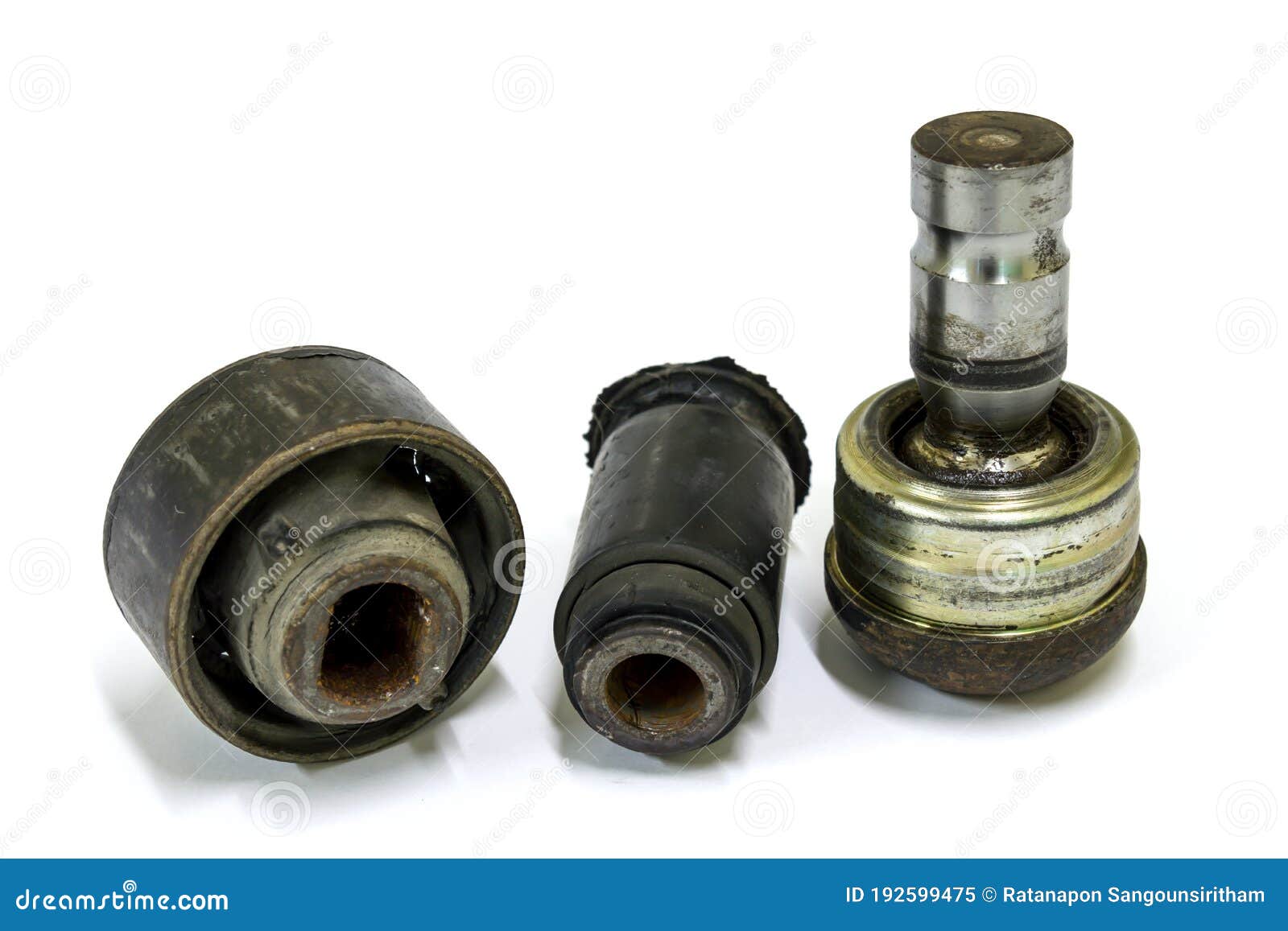 Damage Lower Arm Bushing and Ball Joint on White Background Stock Image