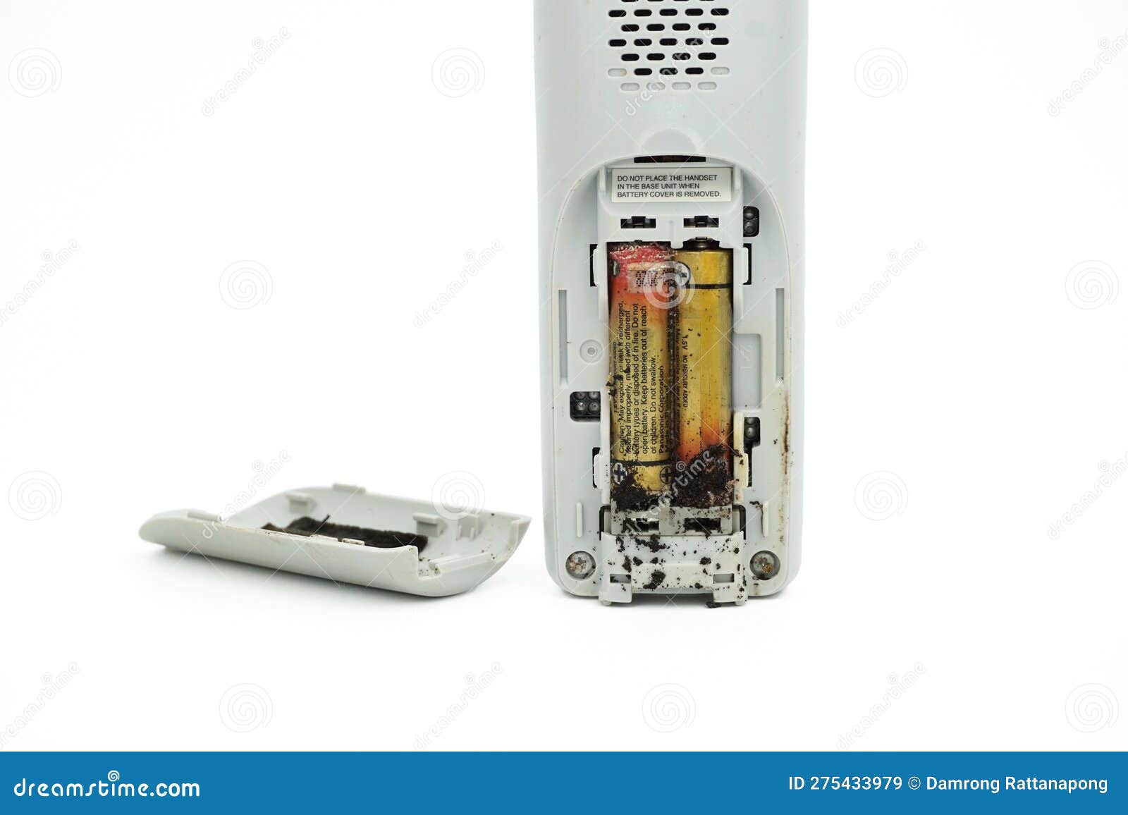 Damaged and Corroded Batteries in Electronic Devices Isolated on White