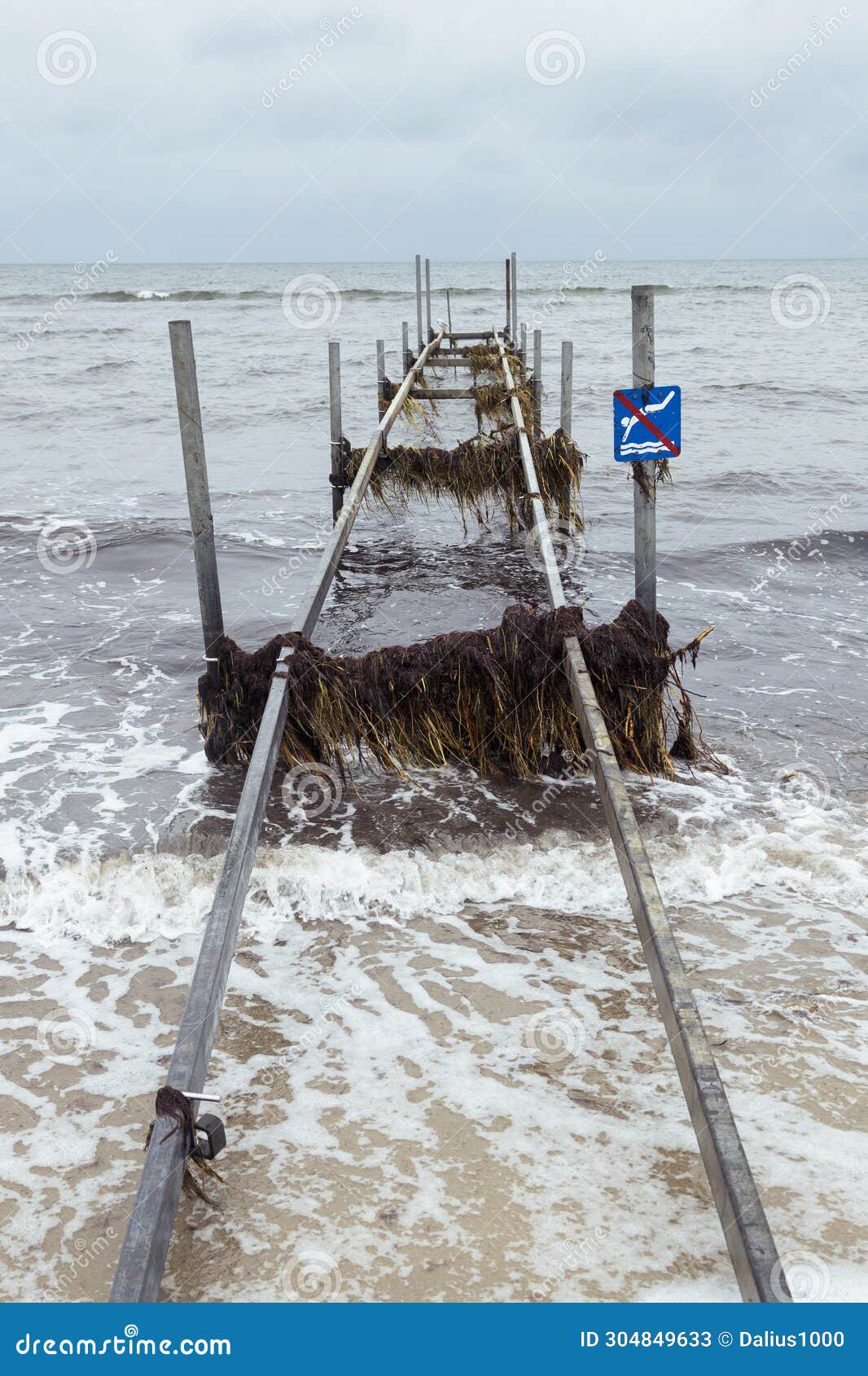 damaged pier after flood storm in vallensbaek denmark 20 october 2023 koge bugt,