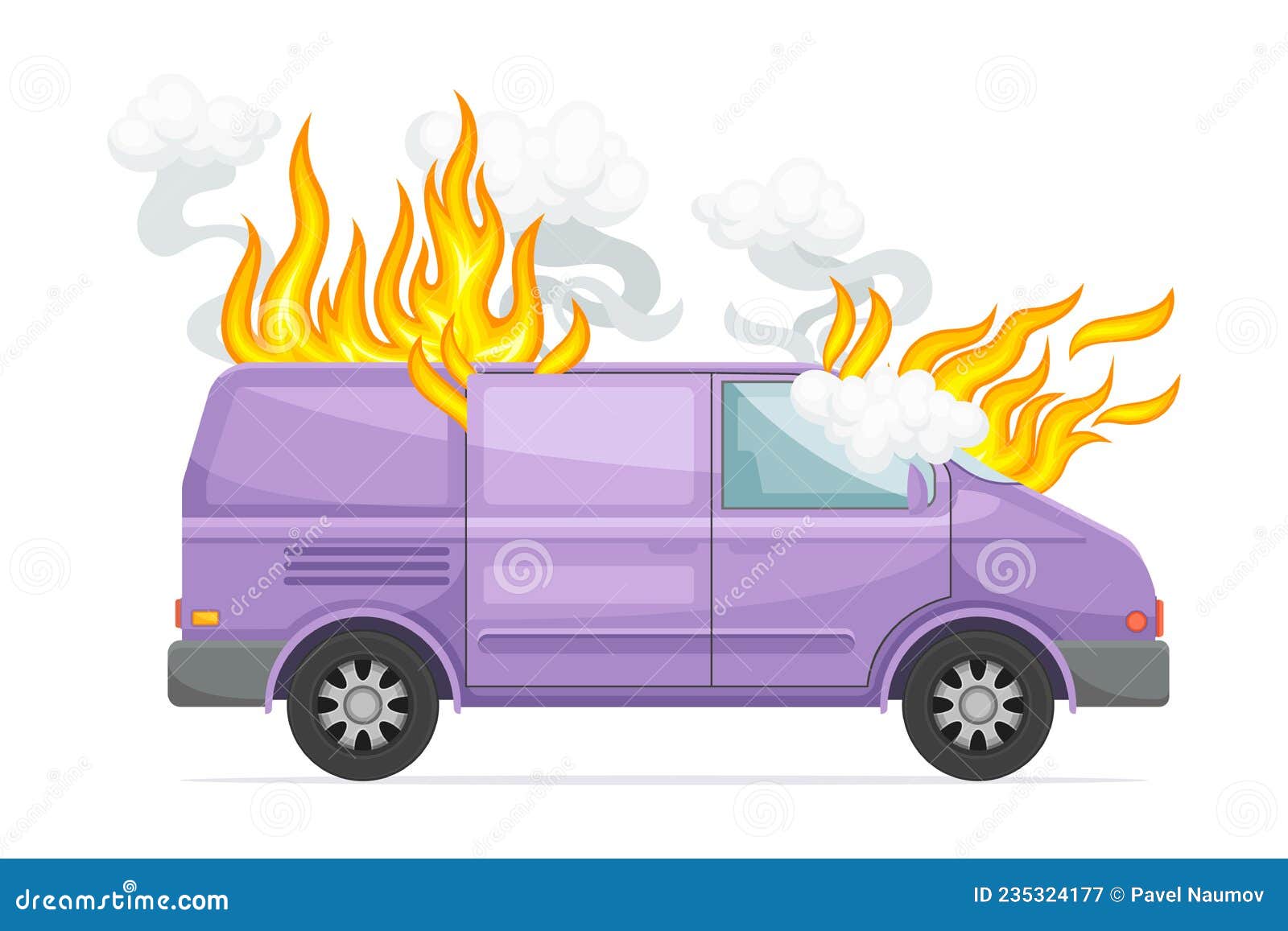 Damaged Van Car on Fire. Car Insurance Case Vector Illustration Stock Vector Illustration of