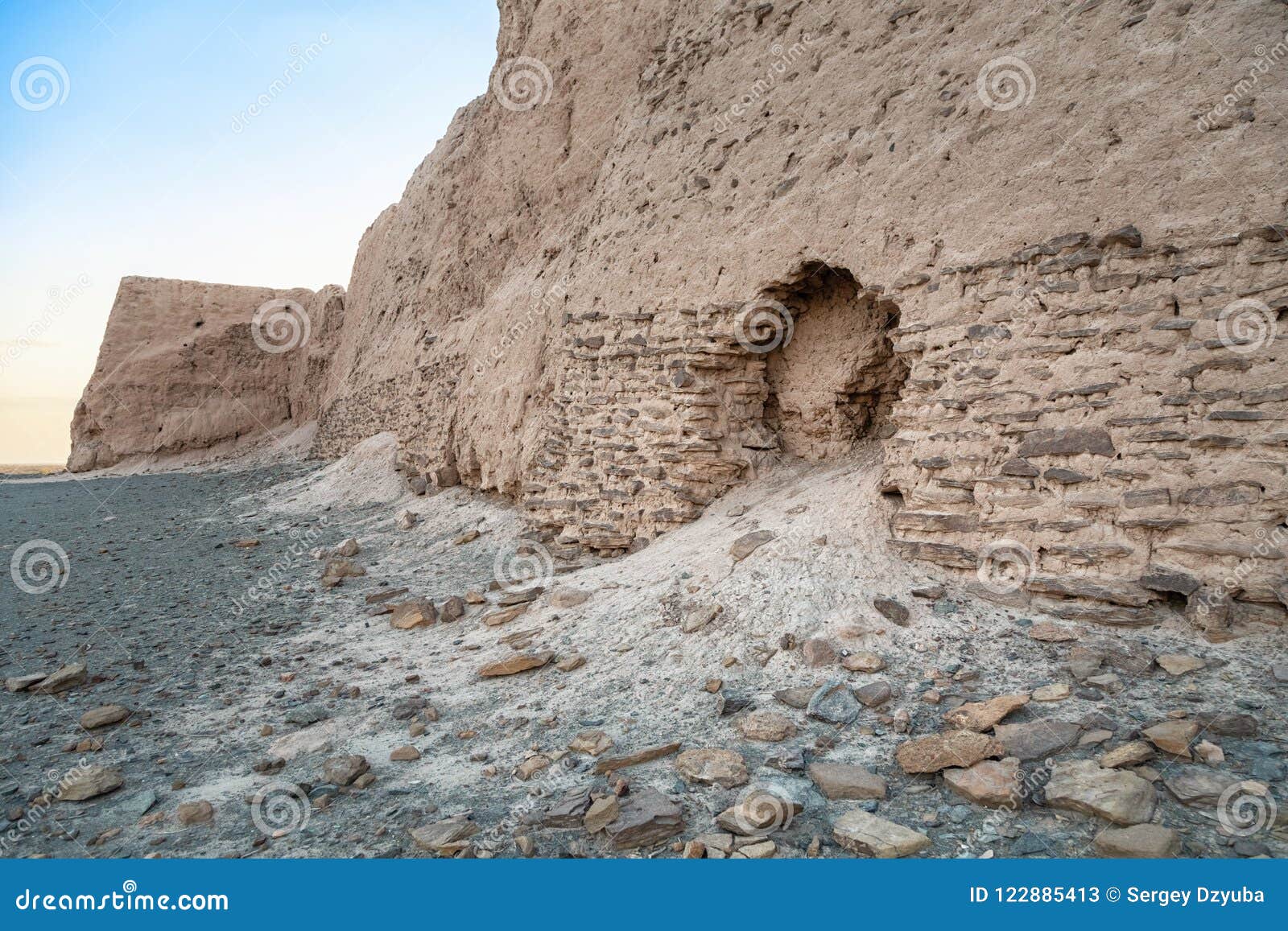 damaged wall of djanpik qala fortress in karakalpakstan region o