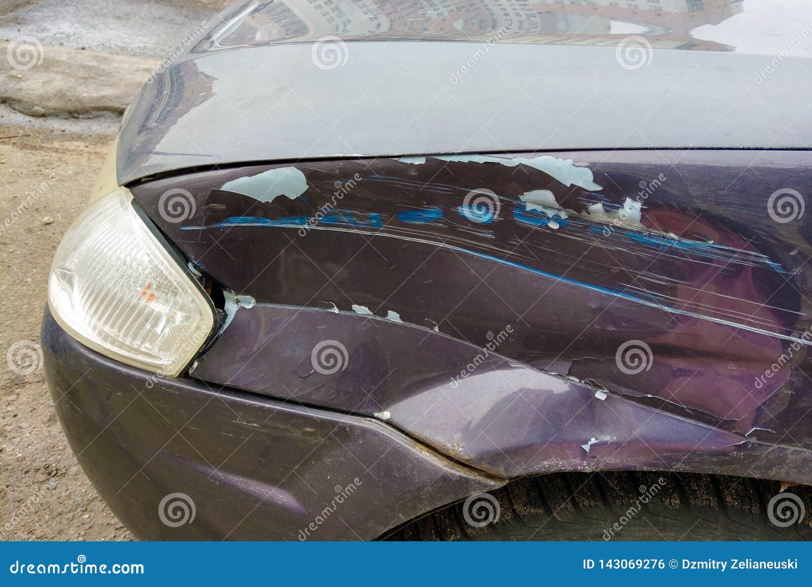 Car After The Accident, Closeup. Broken Hood, Consequences Of