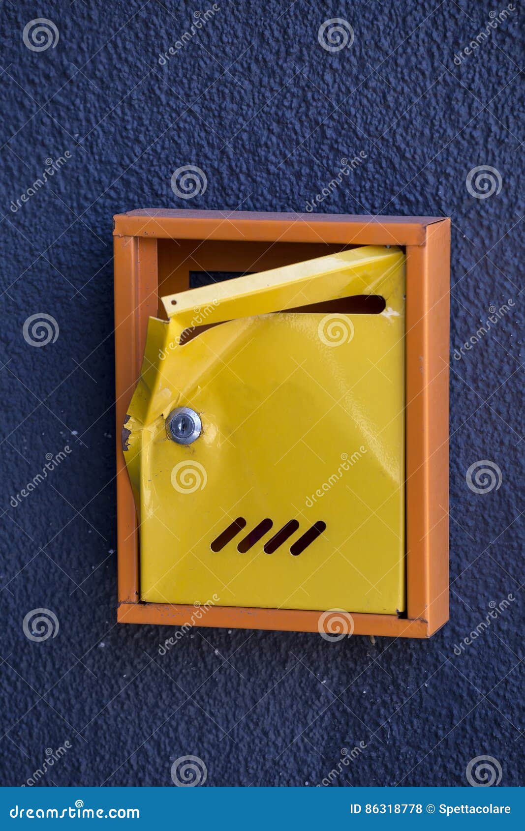 Damaged yellow mailbox stock photo. Image of bent, office 86318778