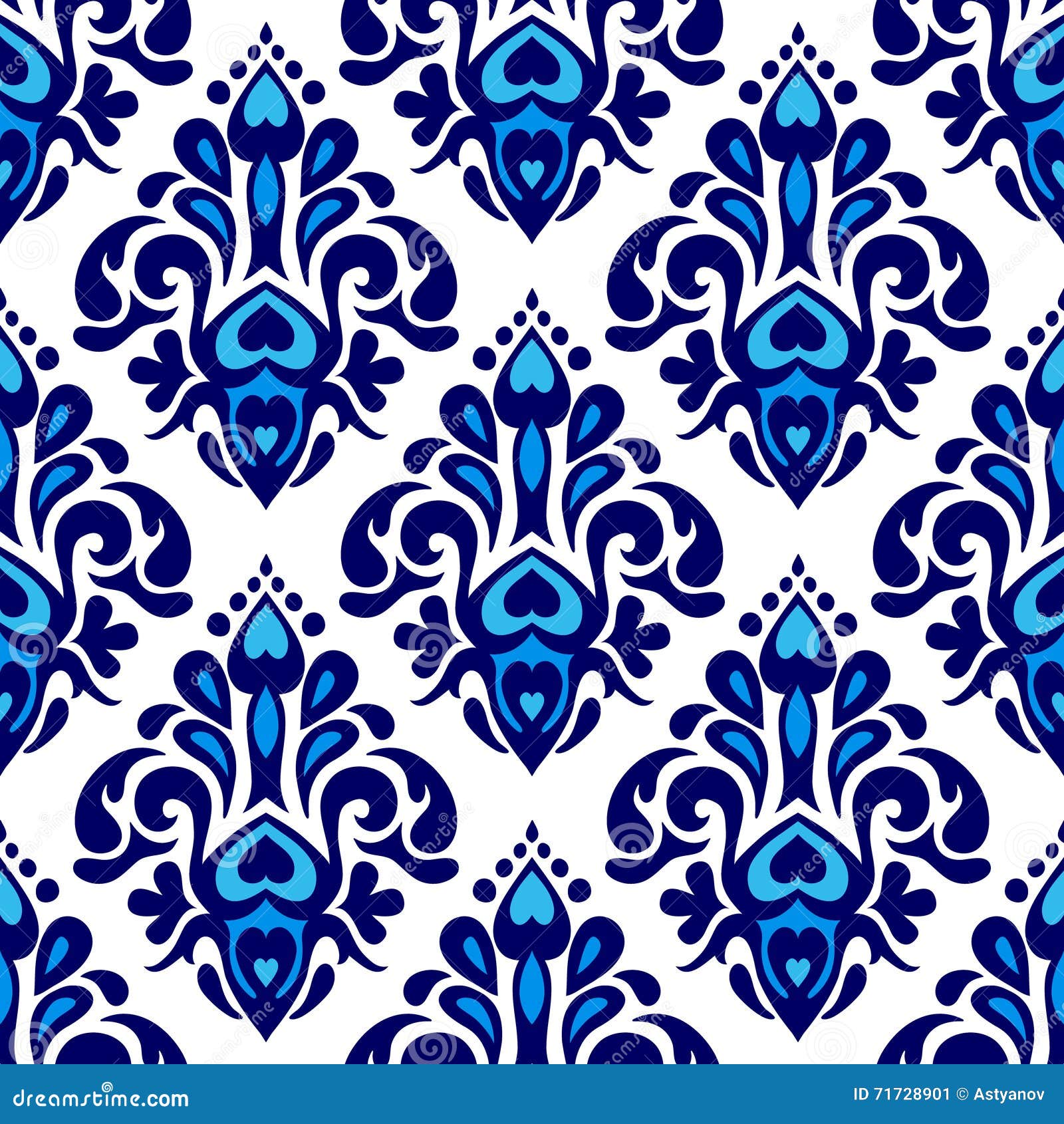 Damask Flower Seamless Pattern Blue and White Stock Vector