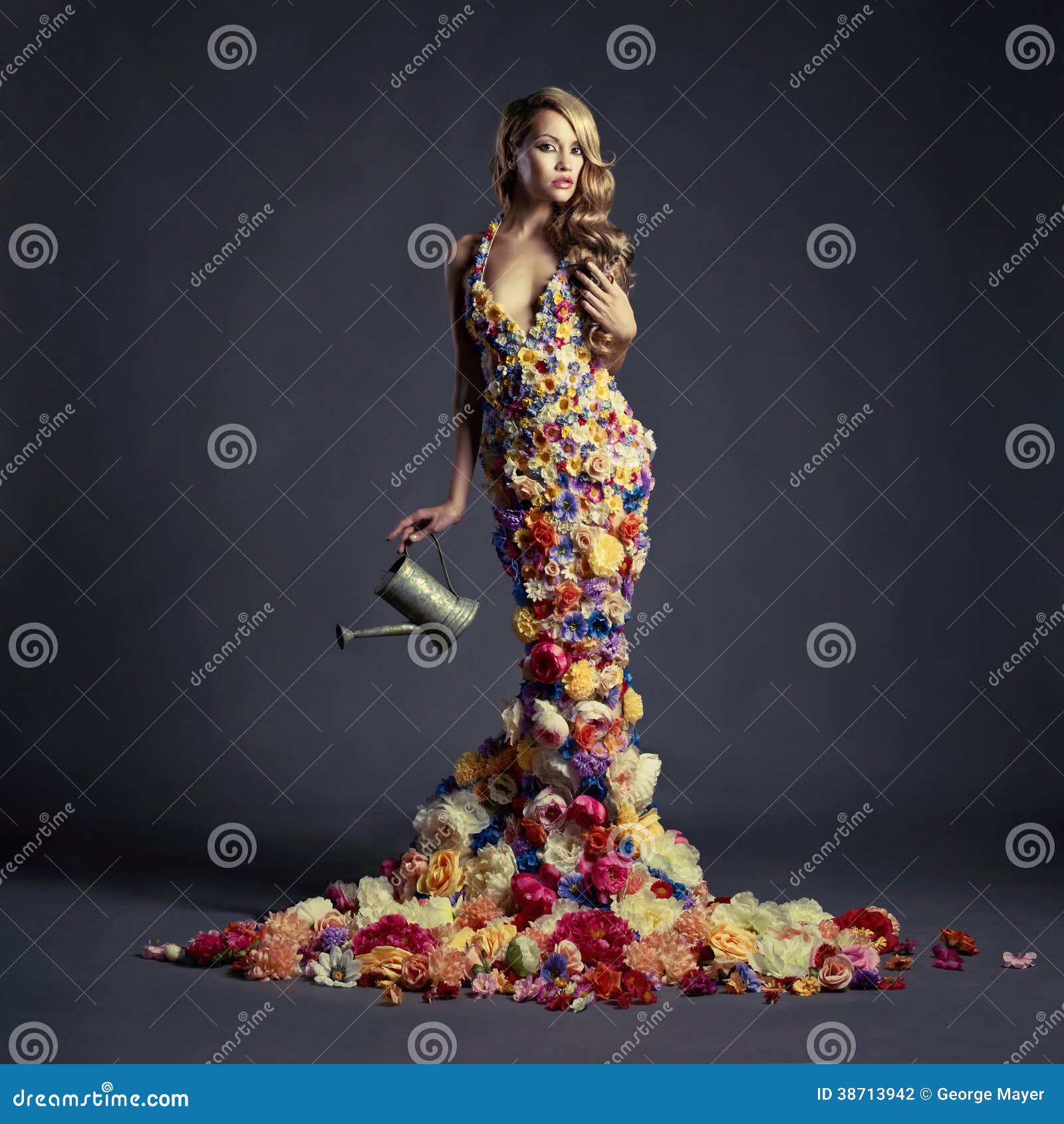 Dame Magnifique Dans La Robe Des Fleurs Photo stock - Image du beauté