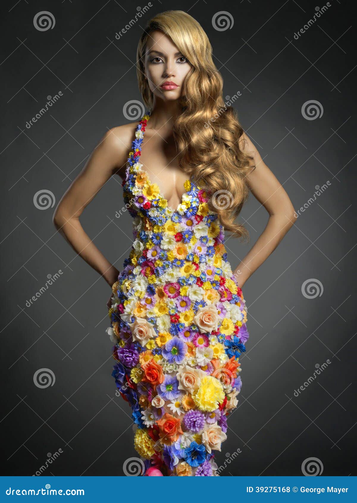 Dame Magnifique Dans La Robe Des Fleurs Photo stock - Image du modèle