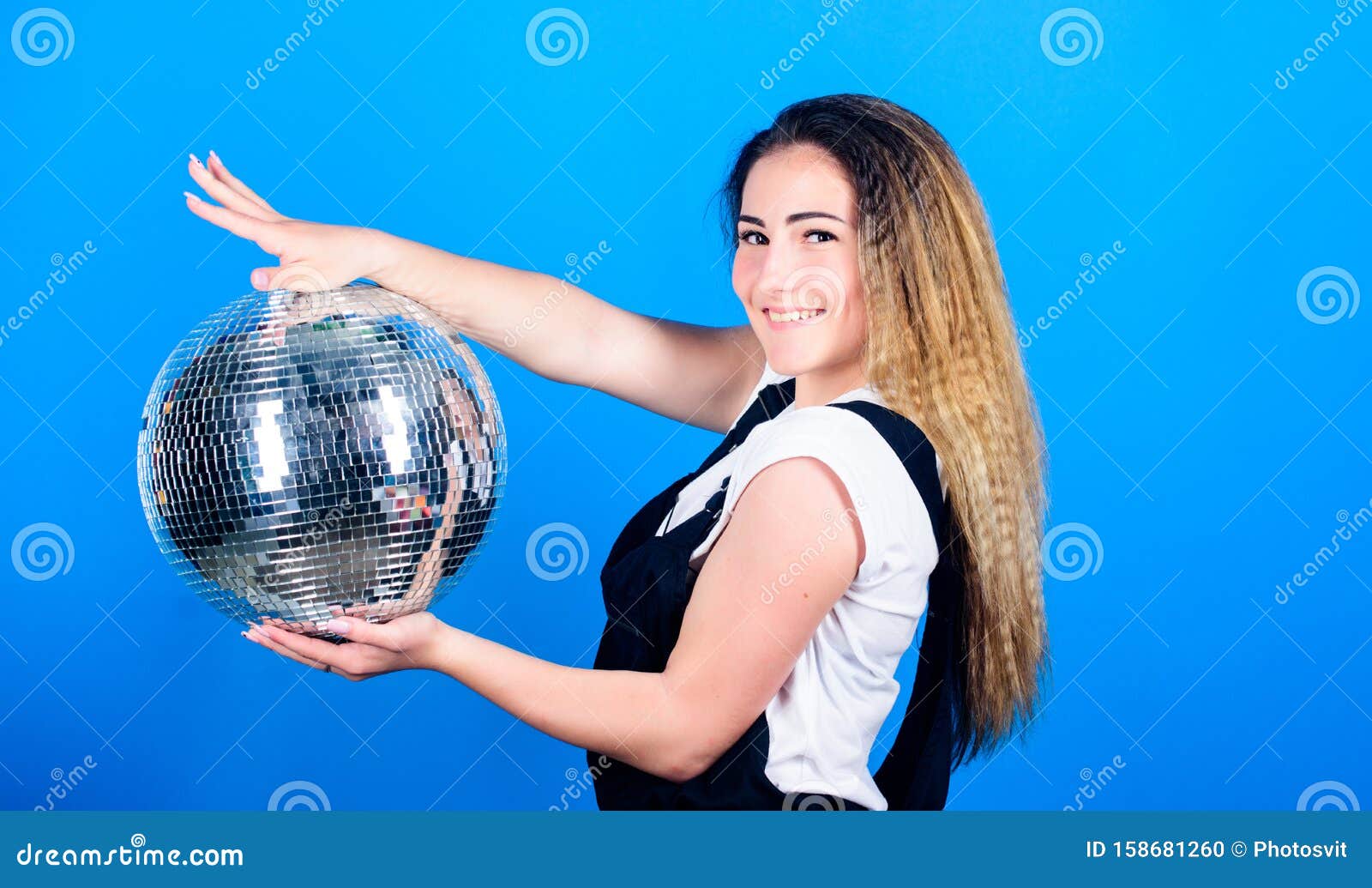 Dance until Drop. Cheerful Woman Hold Disco Ball. Girl Inviting at