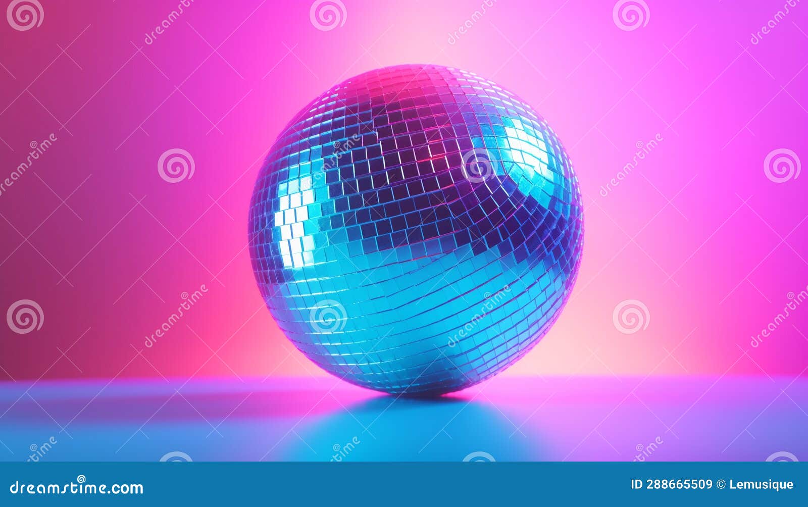 Dance Party Background. Disco Ball in Neon Lights on Dance Floor Stock