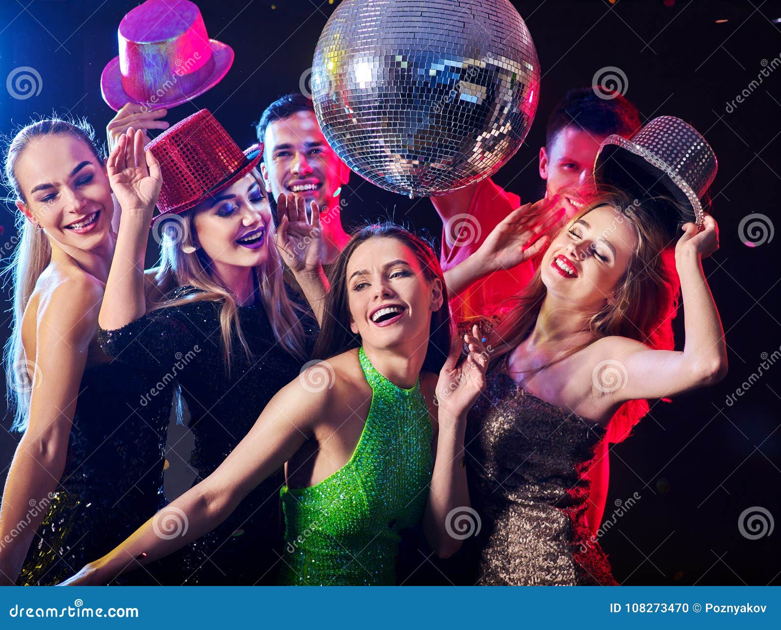 Dance Party With Group People Dancing And Disco Ball. Stock Photo.