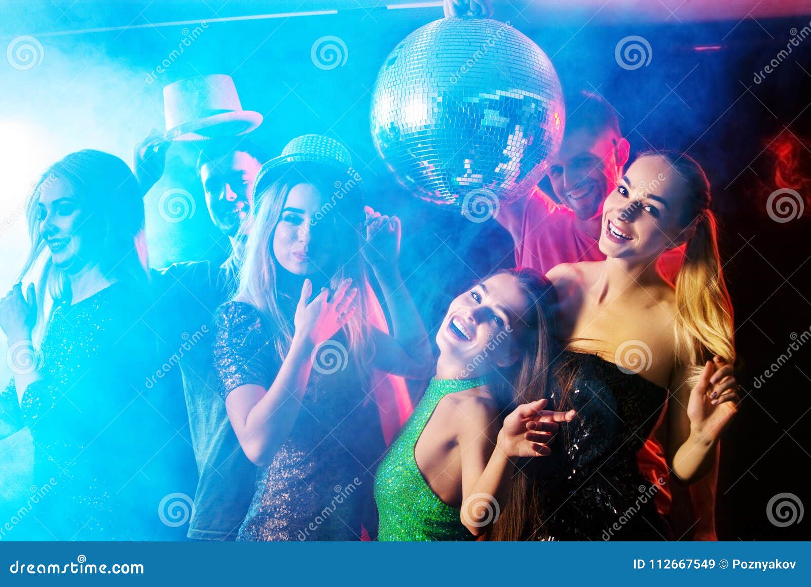 Dance Party with Group People Dancing and Disco Ball. Stock Image ...