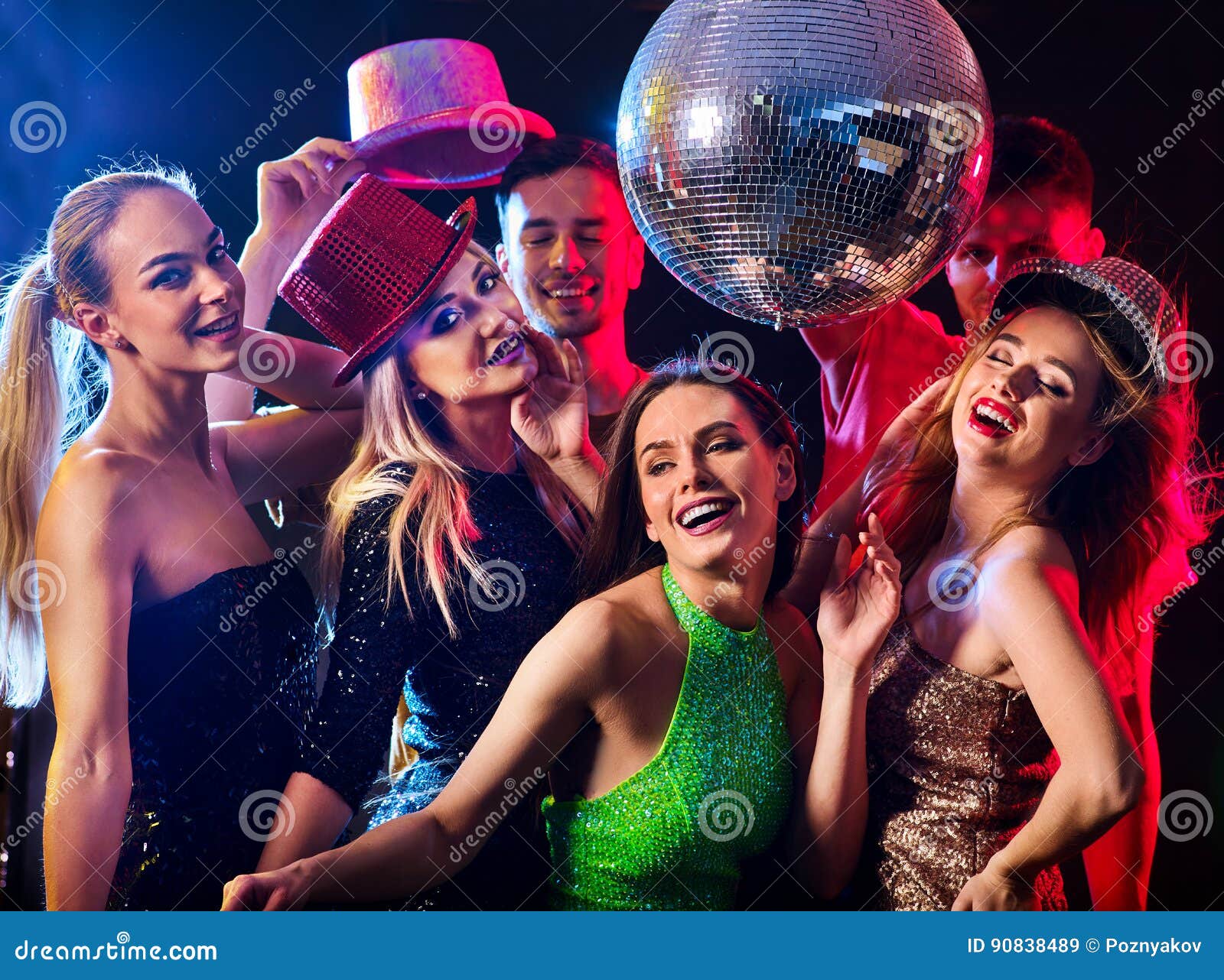 Dance Party with Group People Dancing and Disco Ball. Stock Image ...