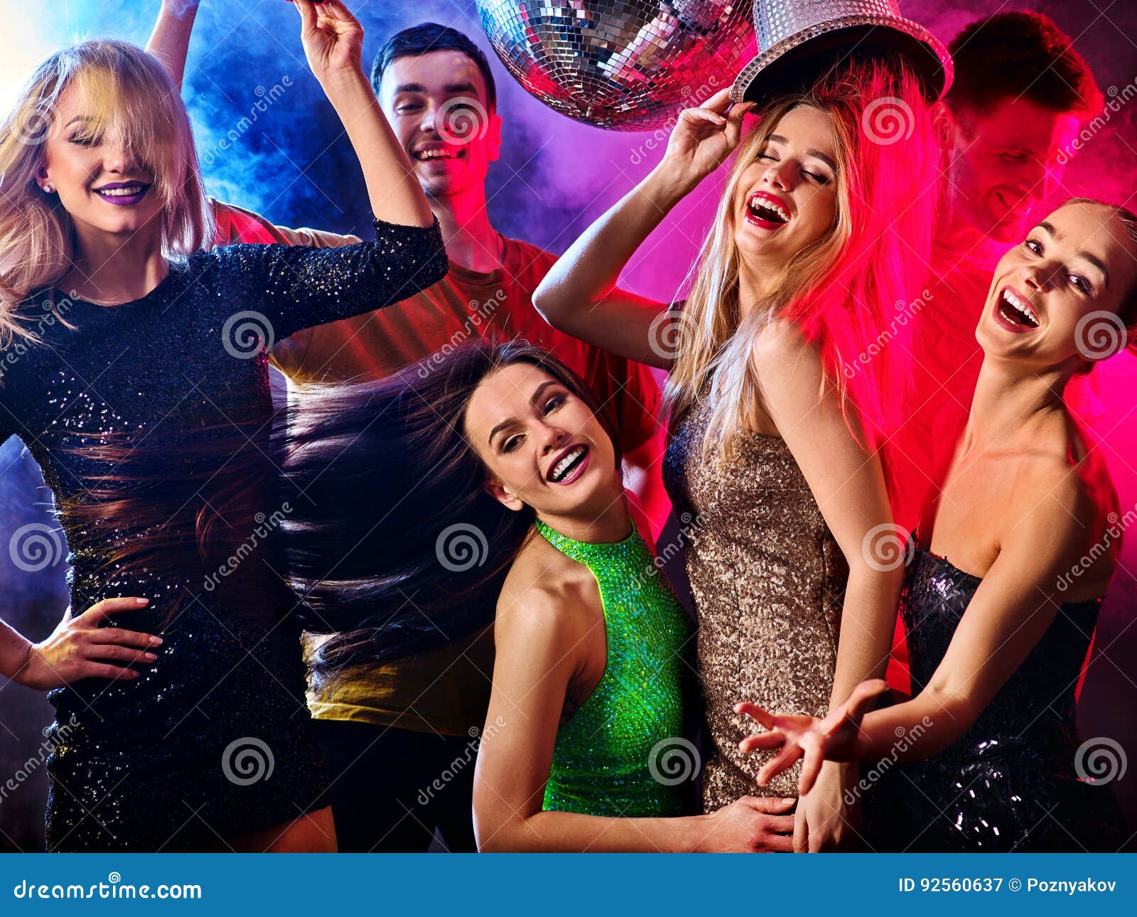 Dance Party With Group People Dancing And Disco Ball. Royalty-Free ...