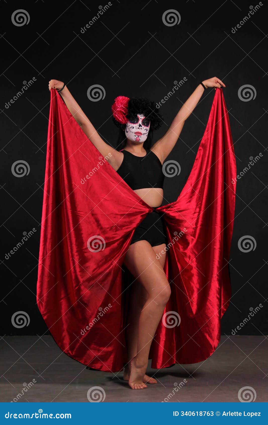 dancer woman with skull makeup celebrate the day of the dead like catrina, tradition and culture of mexico