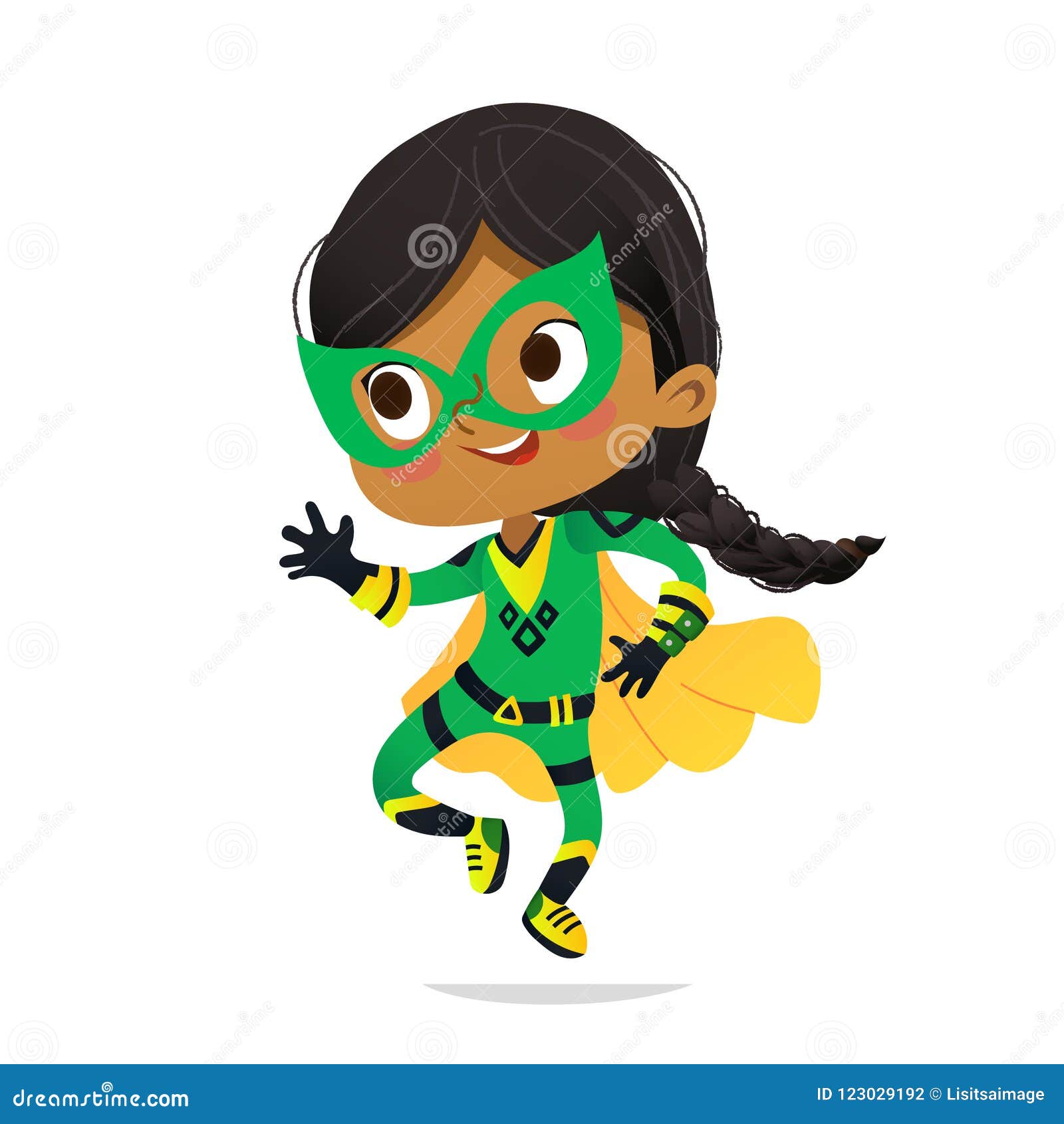 dancing african-american girl wearing colorful costume of superheroe,  on white background. cartoon 