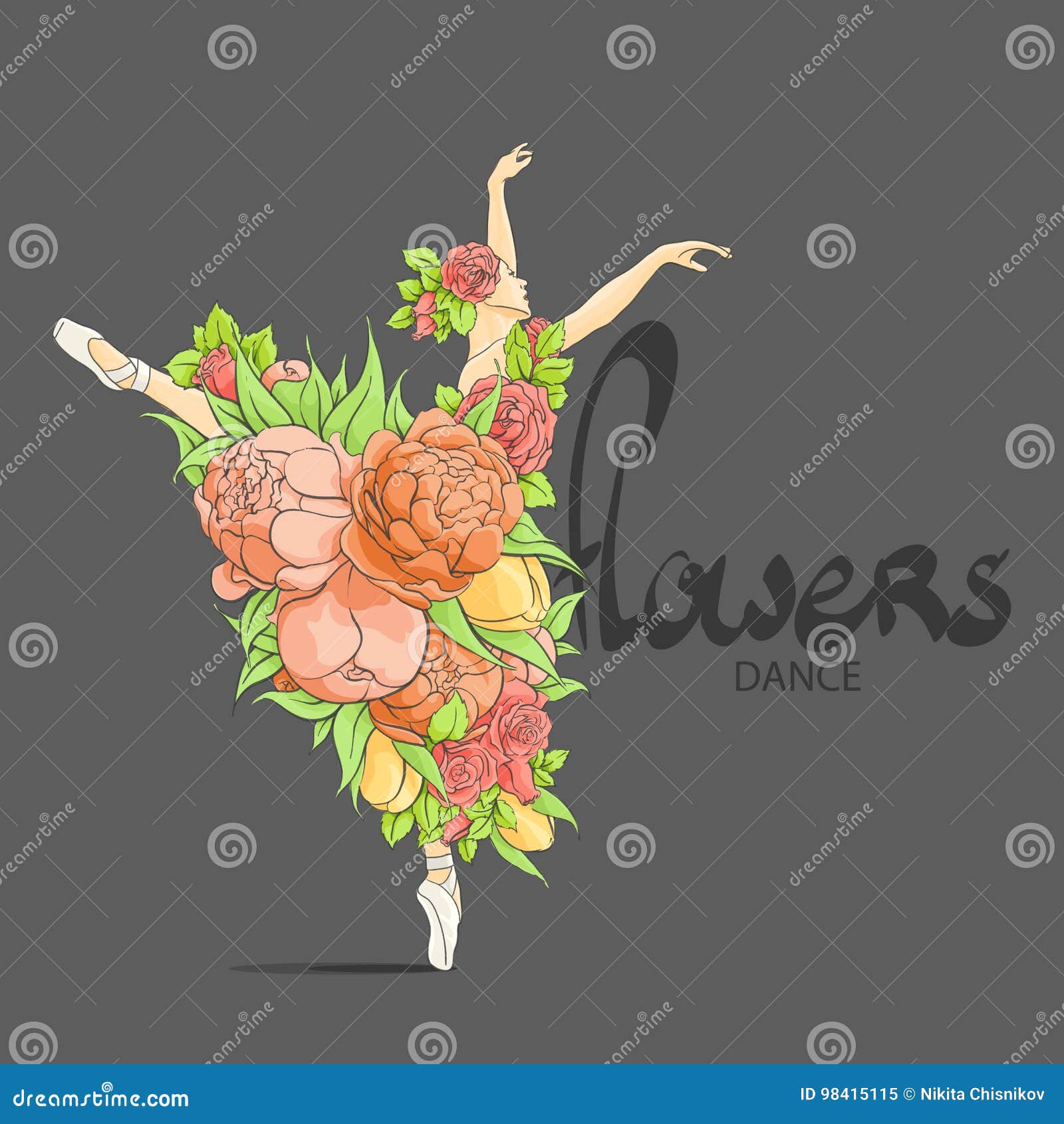 Dancing Ballerina In Flowers Stock Vector Illustration Of Flower Peony 98415115