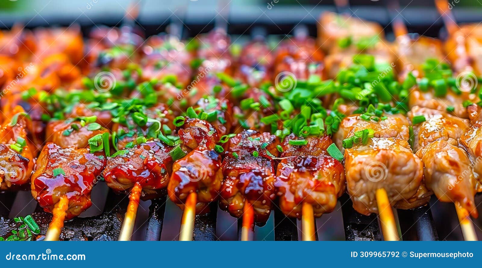 dancing flames: skewers of delicious delights cooking on the grill. generative ai