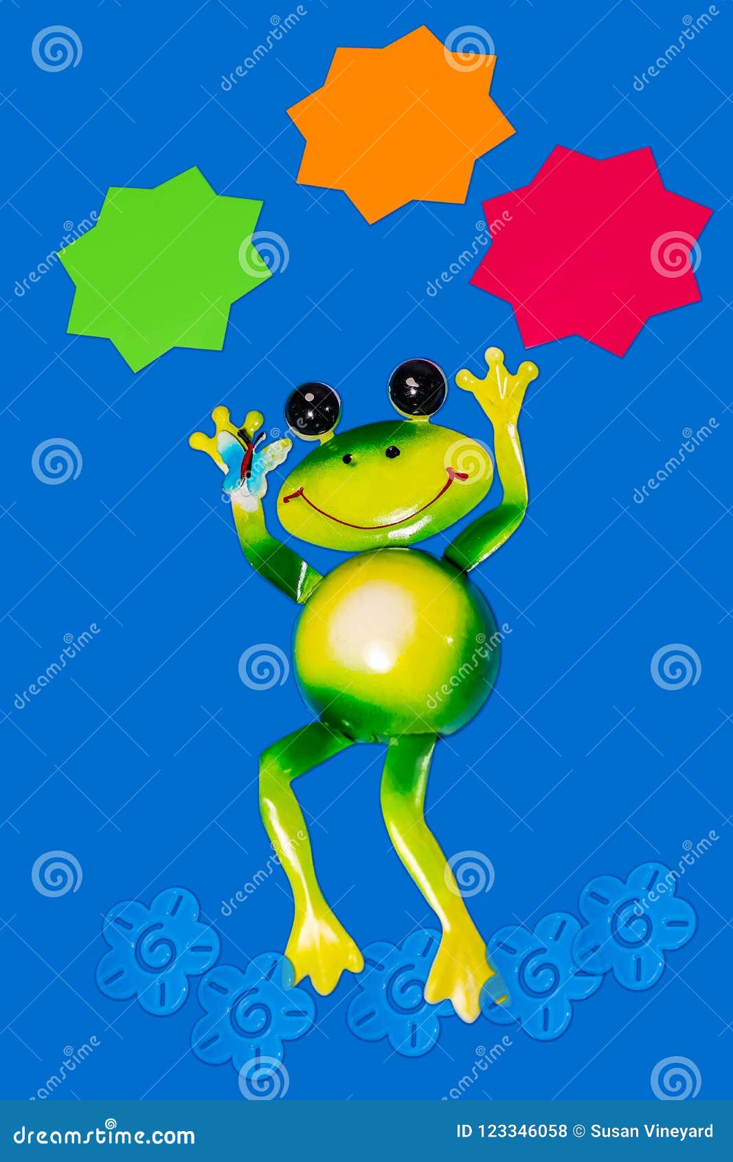 Dancing Frog on Blue Background with Three Solid Color Stars Above for