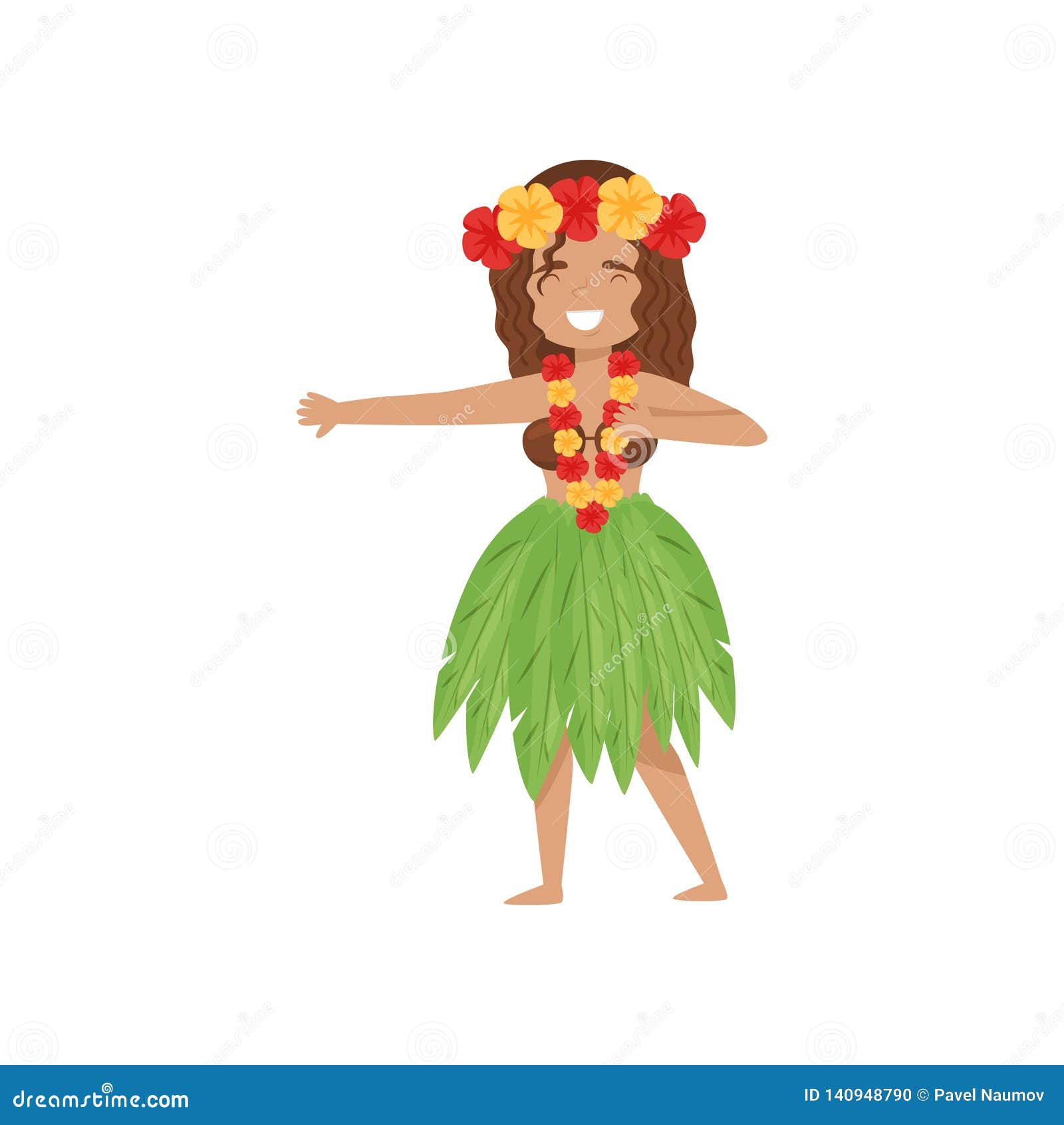 Dancing Girl in Hawaii Traditional Dress. Character in Hula Skirt