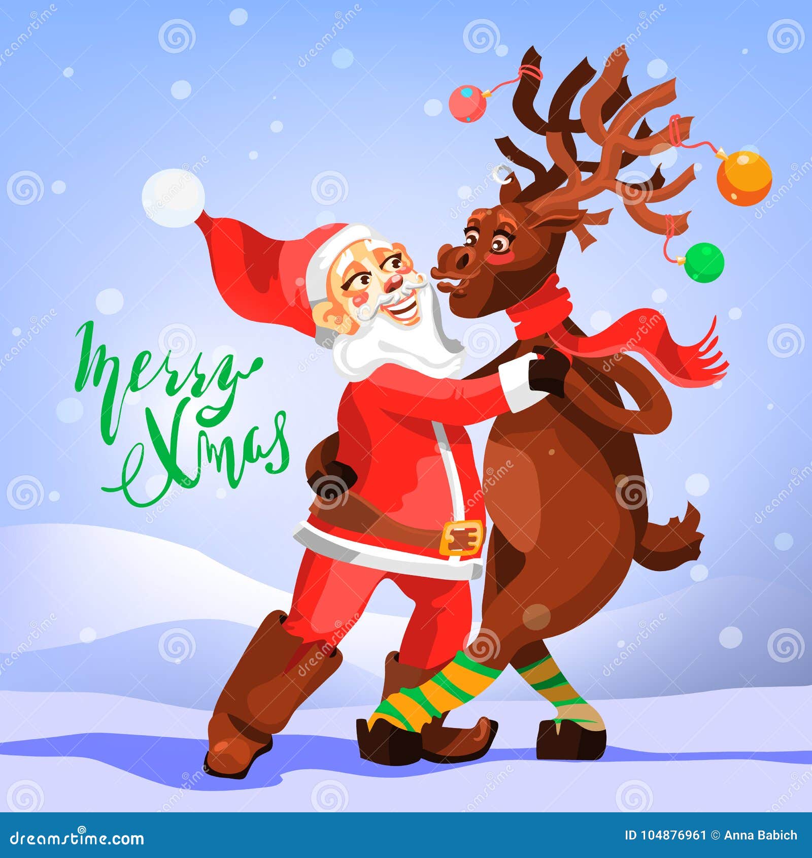 Auguri Divertenti Buon Natale.Dancing Santa Claus Con La Renna Di Natale Cartolina D Auguri Divertente E Sveglia Di Buon Natale Illustrazione Vettoriale Illustrazione Di Felice Piano 104876961