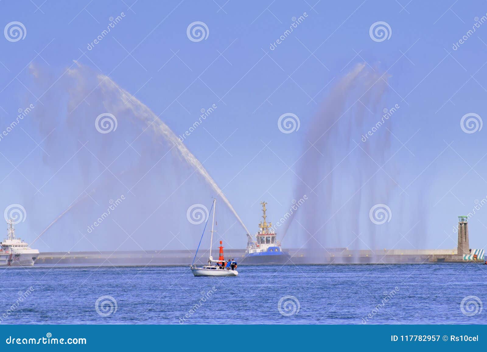 Dancing with Water, Fire Boat Spraying Water Editorial Photography
