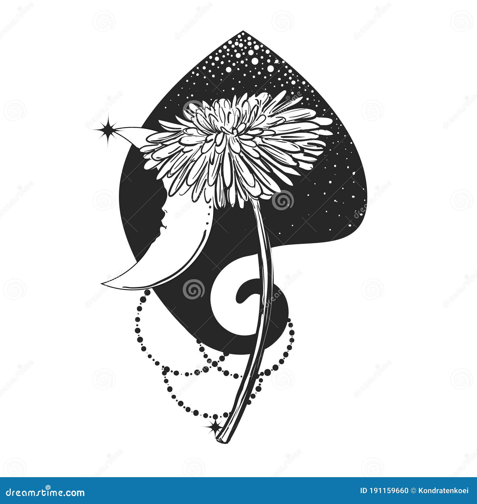 Dandelion Tattoo. Flower in a Black Spot with a Star. Vector Black and  White Illustration Art. Stock Vector - Illustration of print, decoration:  191159660