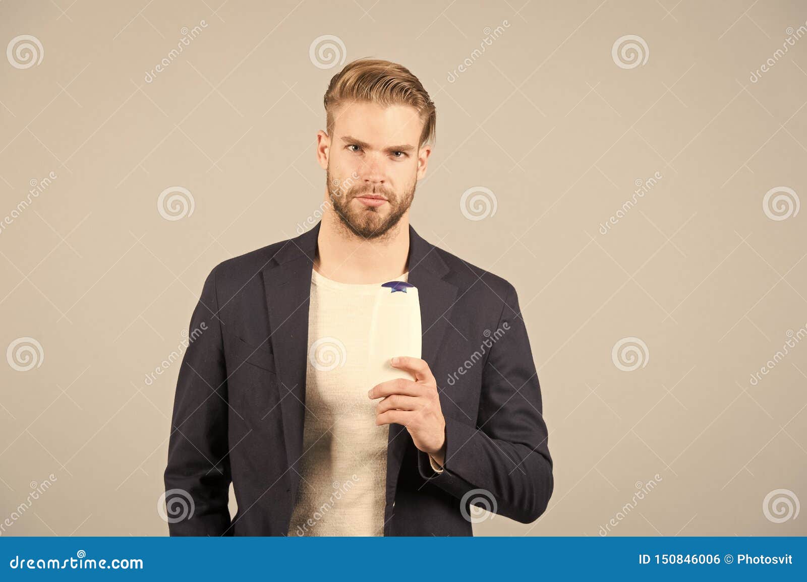 Dandruff Common Male Problem. Remedies Get Rid of Dandruff. Man Formal Suit  Hold Bottle Shampoo Grey Background Stock Photo - Image of hygienic,  barber: 150846006