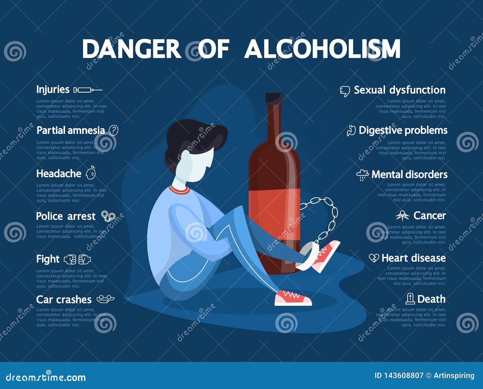 Danger Of Alcoholism Infographic Drunk Alcoholic Chained Stock Vector Illustration Of 
