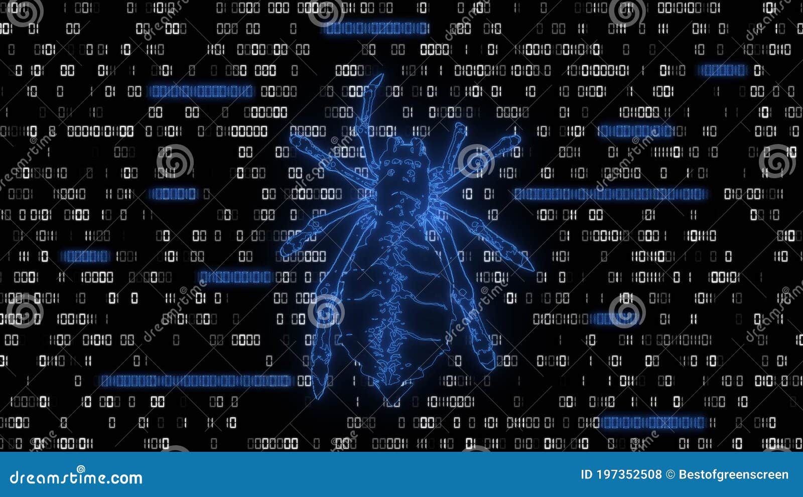 dangerous bright blue low poly spider over binary code background - stylized hacker attack in matrix style