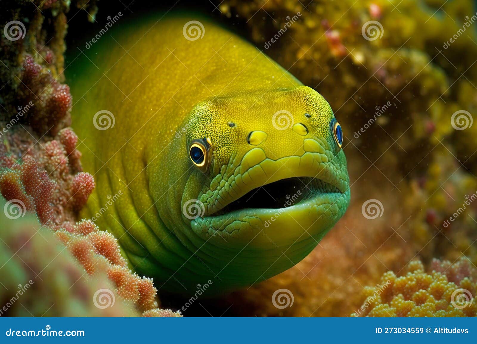 Dangerous Ocean Fish Moray Eels Sit among Reefs and Corals Stock ...