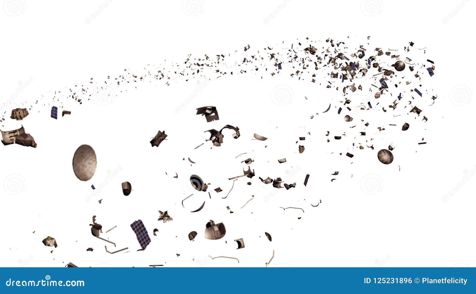 space debris in earth orbit, dangerous junk  on white background