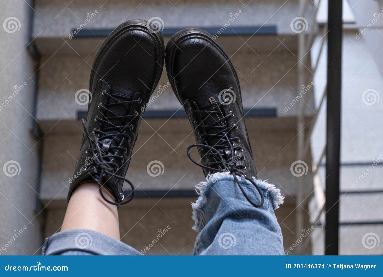 Dangling Legs of a Teenage Girl in Black Boots Stock Photo - Image of ...