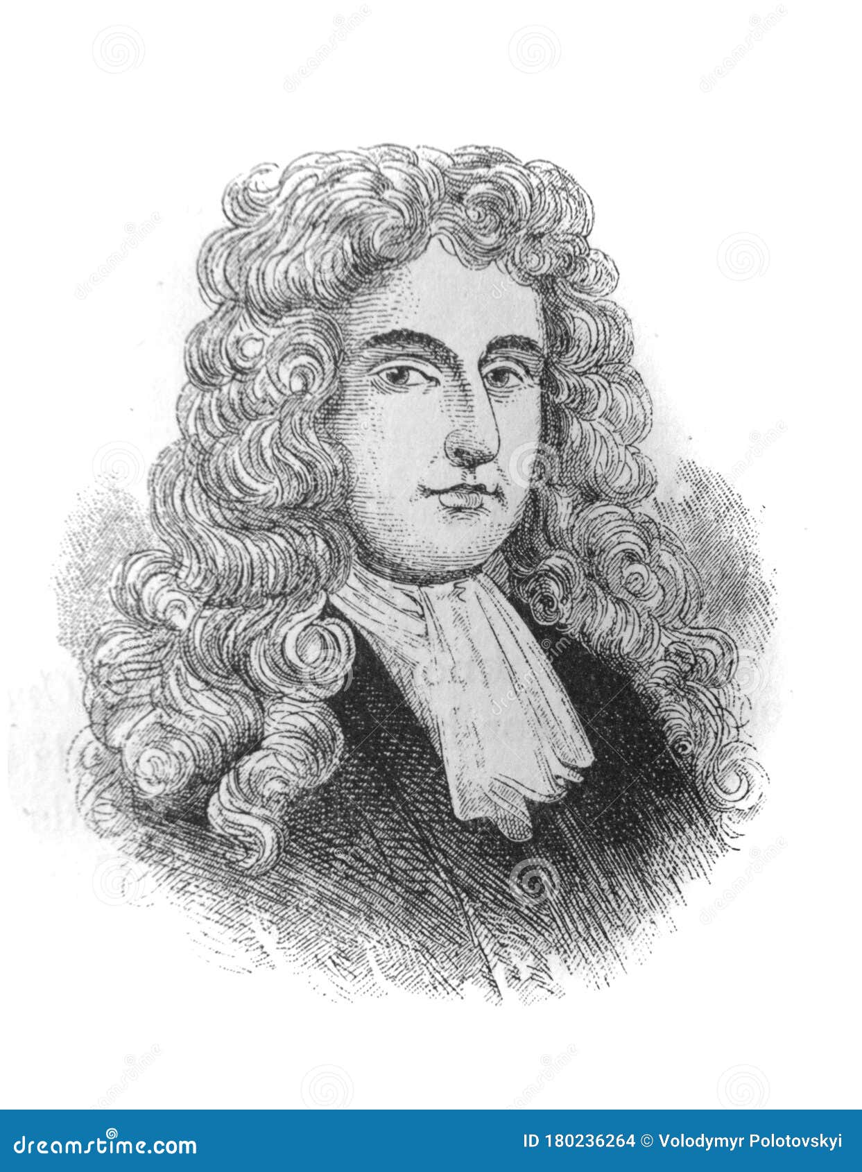 the daniel defoe`s portrait, an english trader, writer, journalist, pamphleteer and spy in the old book the great authors, by w.
