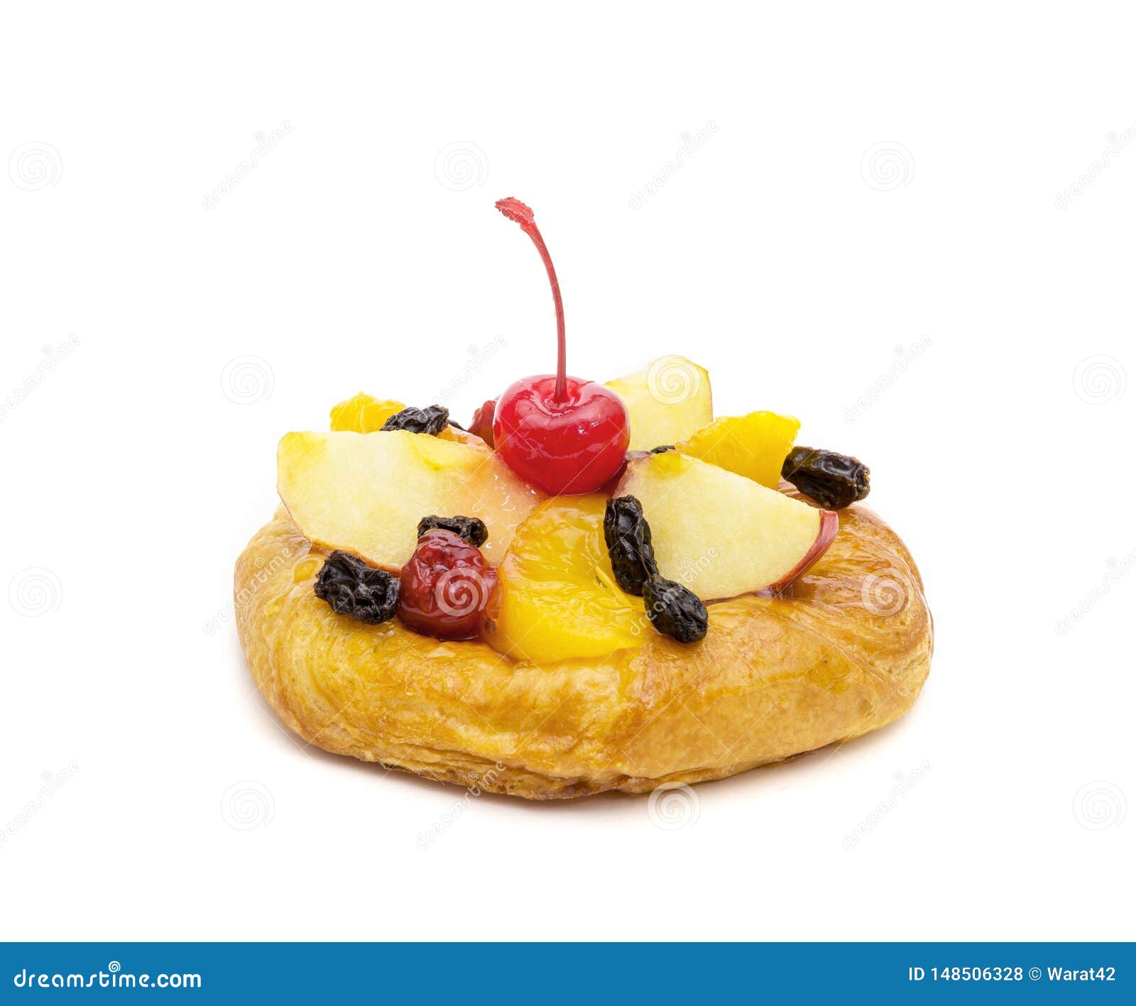 Danish Pastry with Fruits Isolated on White Background Stock Photo