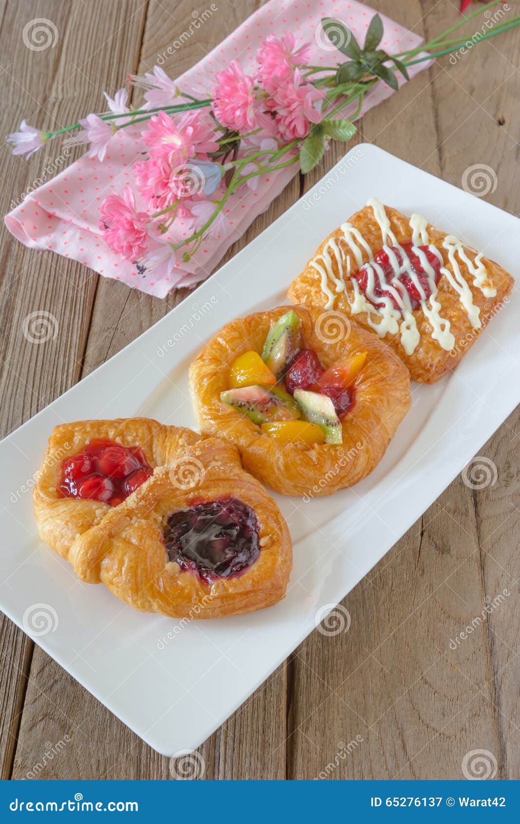 Danish Pastry with Fruits on White Dish Stock Image Image of