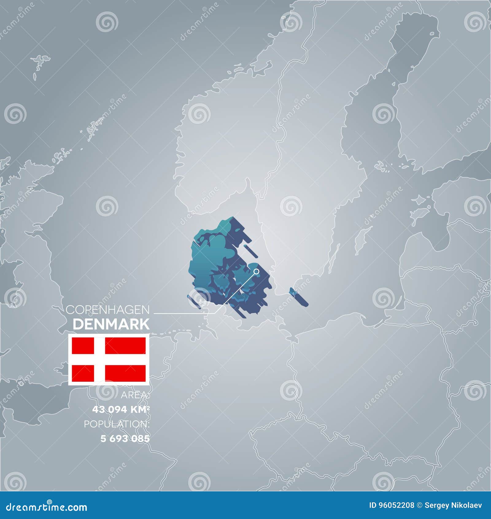 Danmark informationsöversikt. Danmark 3d översikt med information av område och befolkning av landet