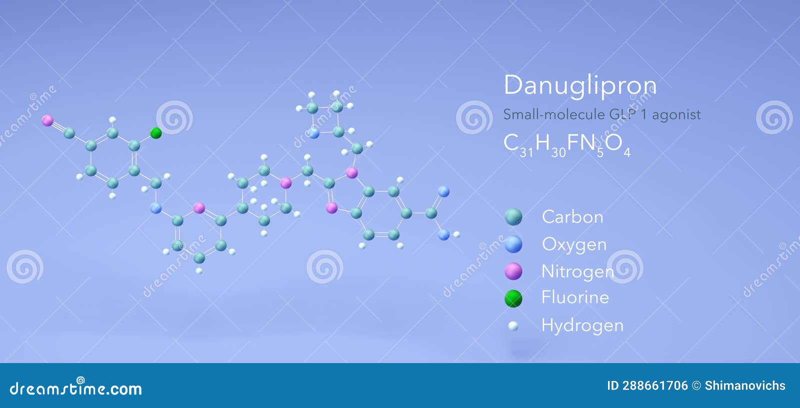 danuglipron molecule, molecular structures, small-molecule glp 1 agonist, 3d model, structural chemical formula and atoms with