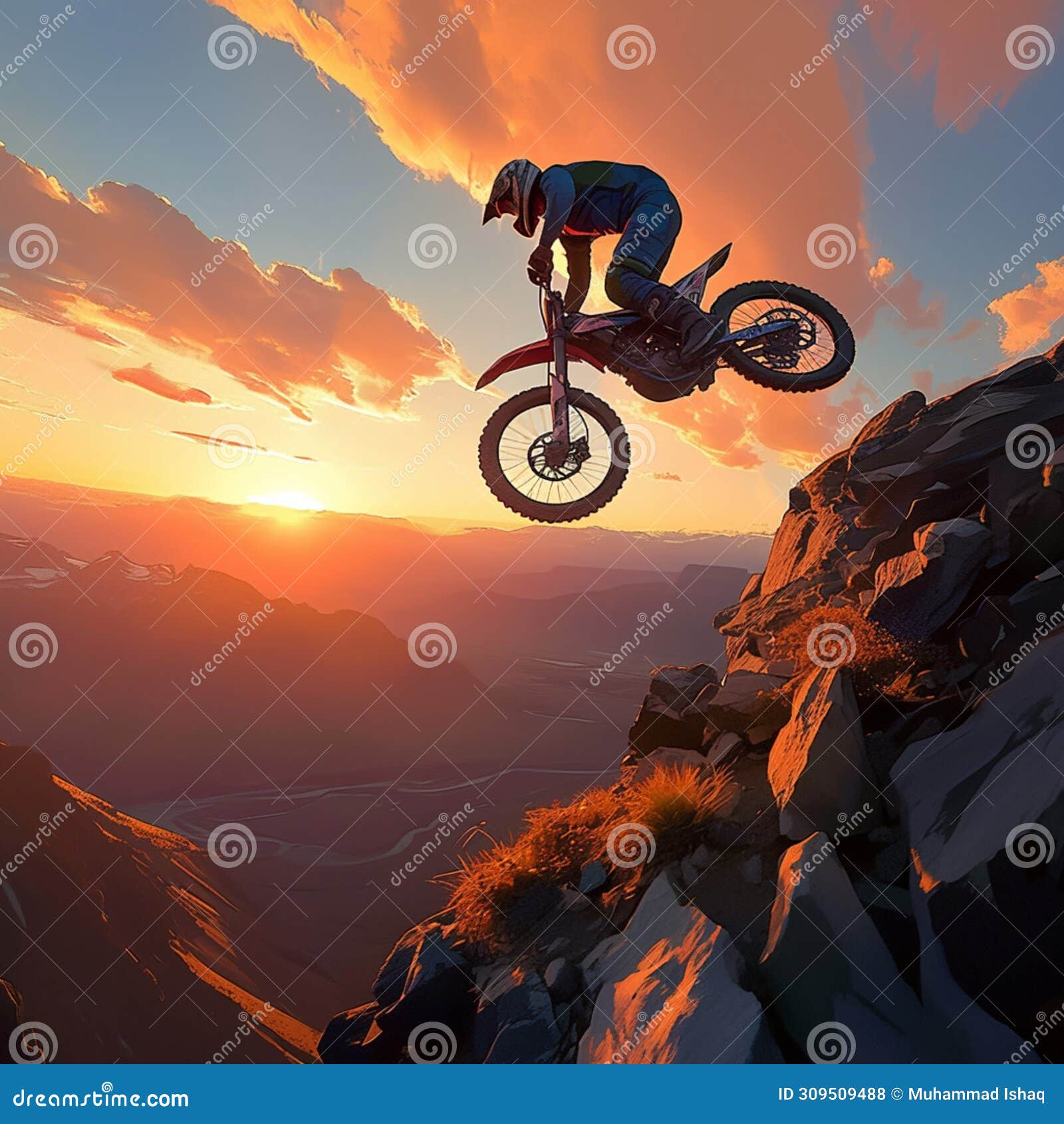 daring mountain feat motorbike rider performs sunset stunt on rocky slope