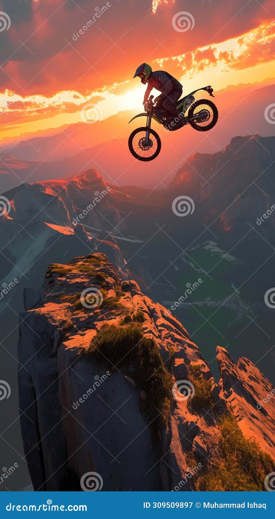 daring mountain feat motorbike rider performs sunset stunt on rocky slope