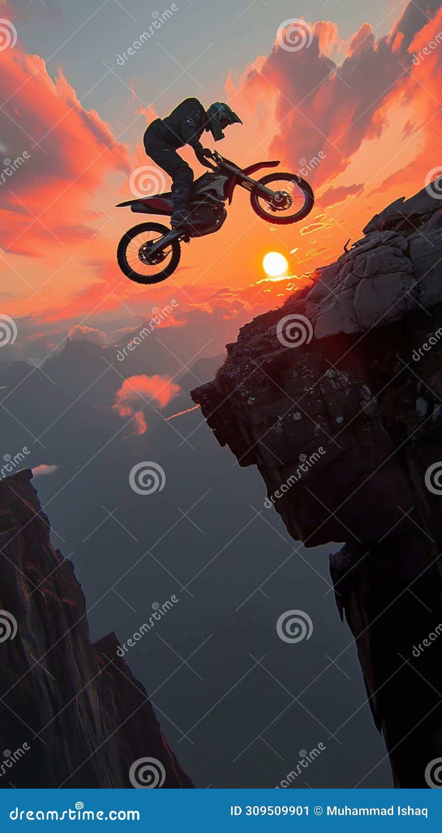 daring mountain feat motorbike rider performs sunset stunt on rocky slope