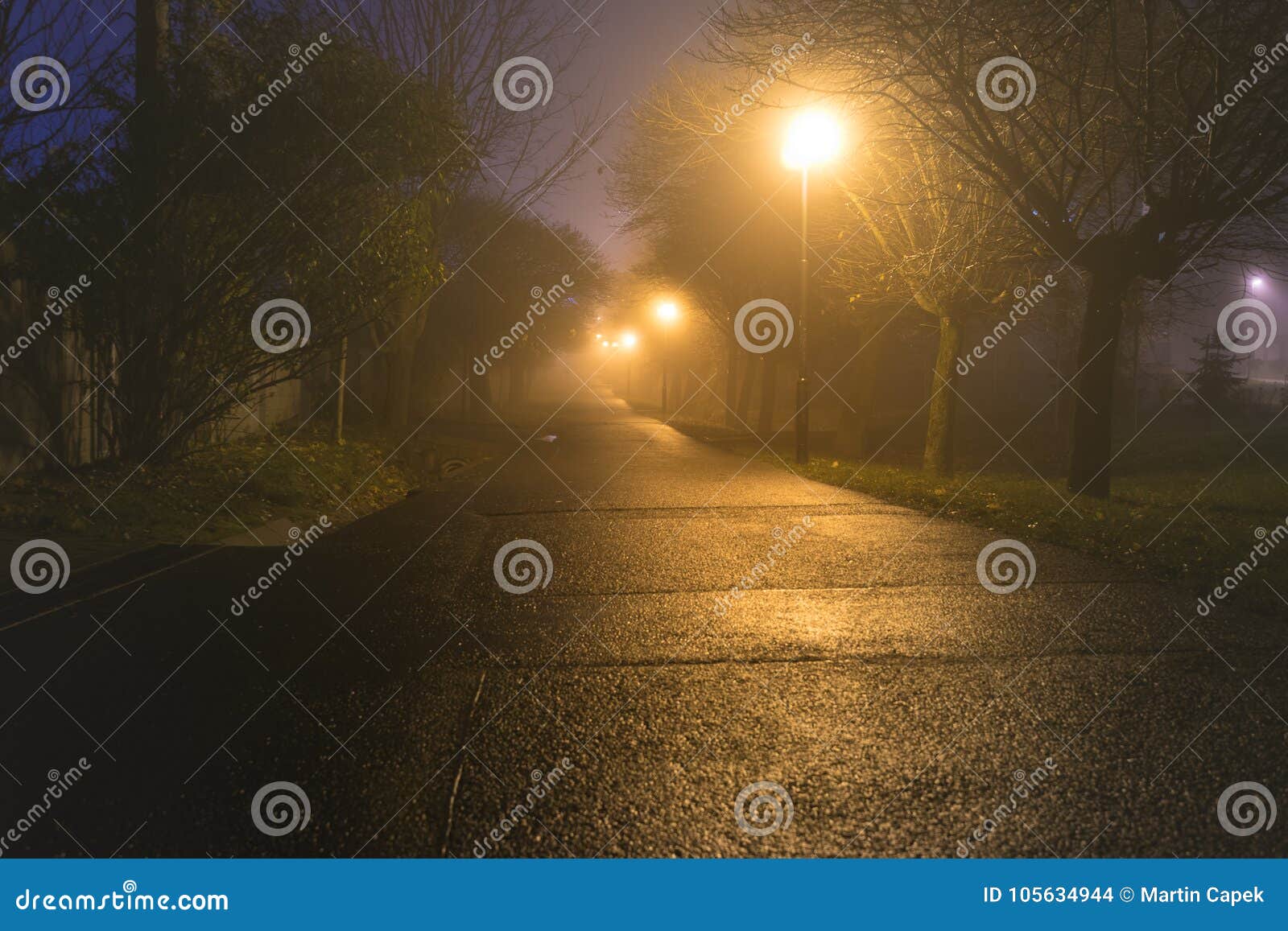 dark alley iluminated by street lamps