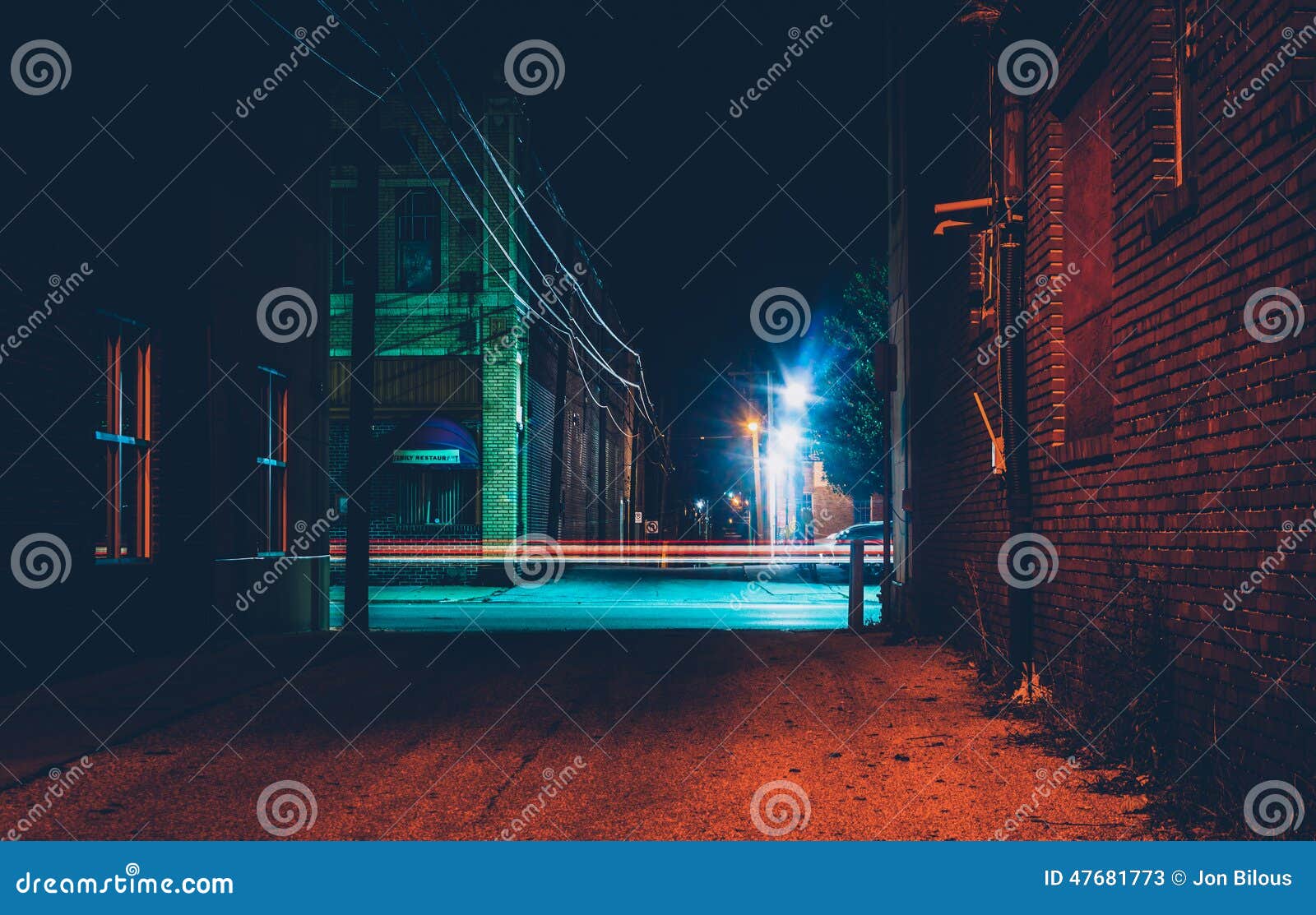 dark alley and light trails in hanover, pennsylvania at night.