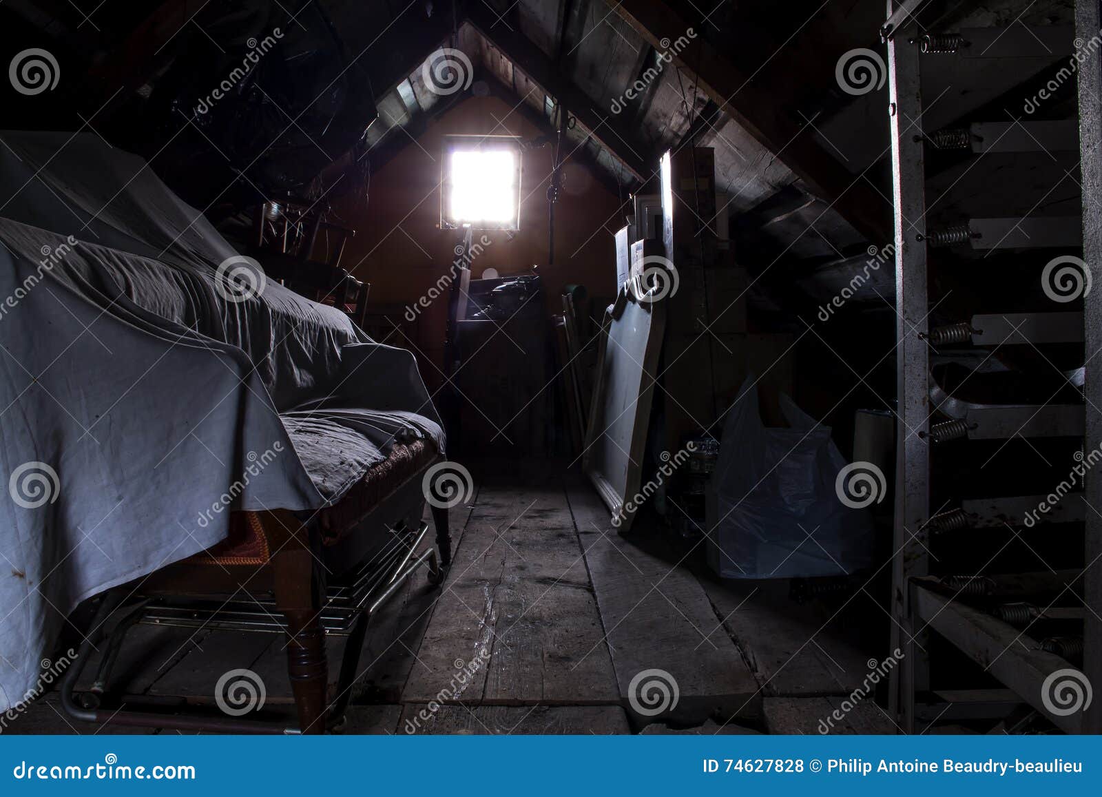 Dark Attic with an Illuminated Window Stock Photo Image of damaged