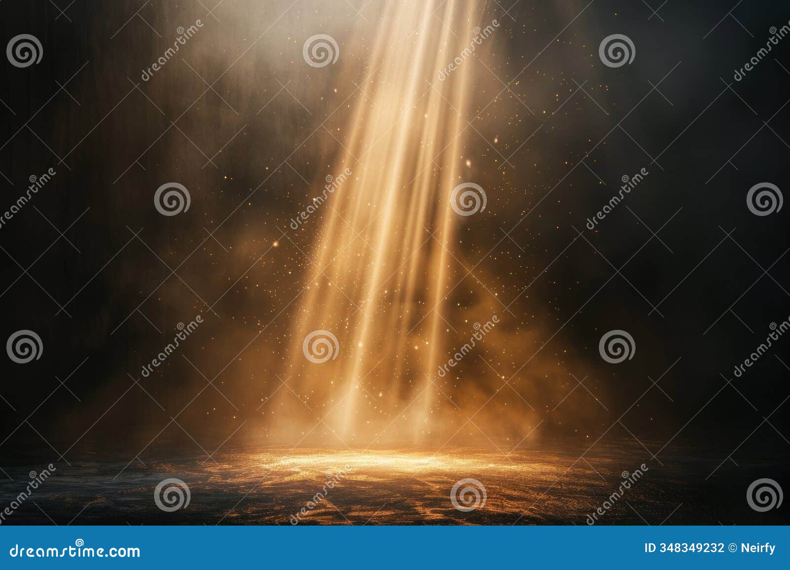 dark background, spotlight on the ground, light rays of golden color shining down