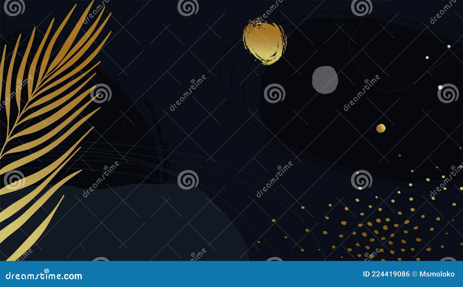 Dark Blue Artistic Background with Gold Details and Palm Leaf. Vector