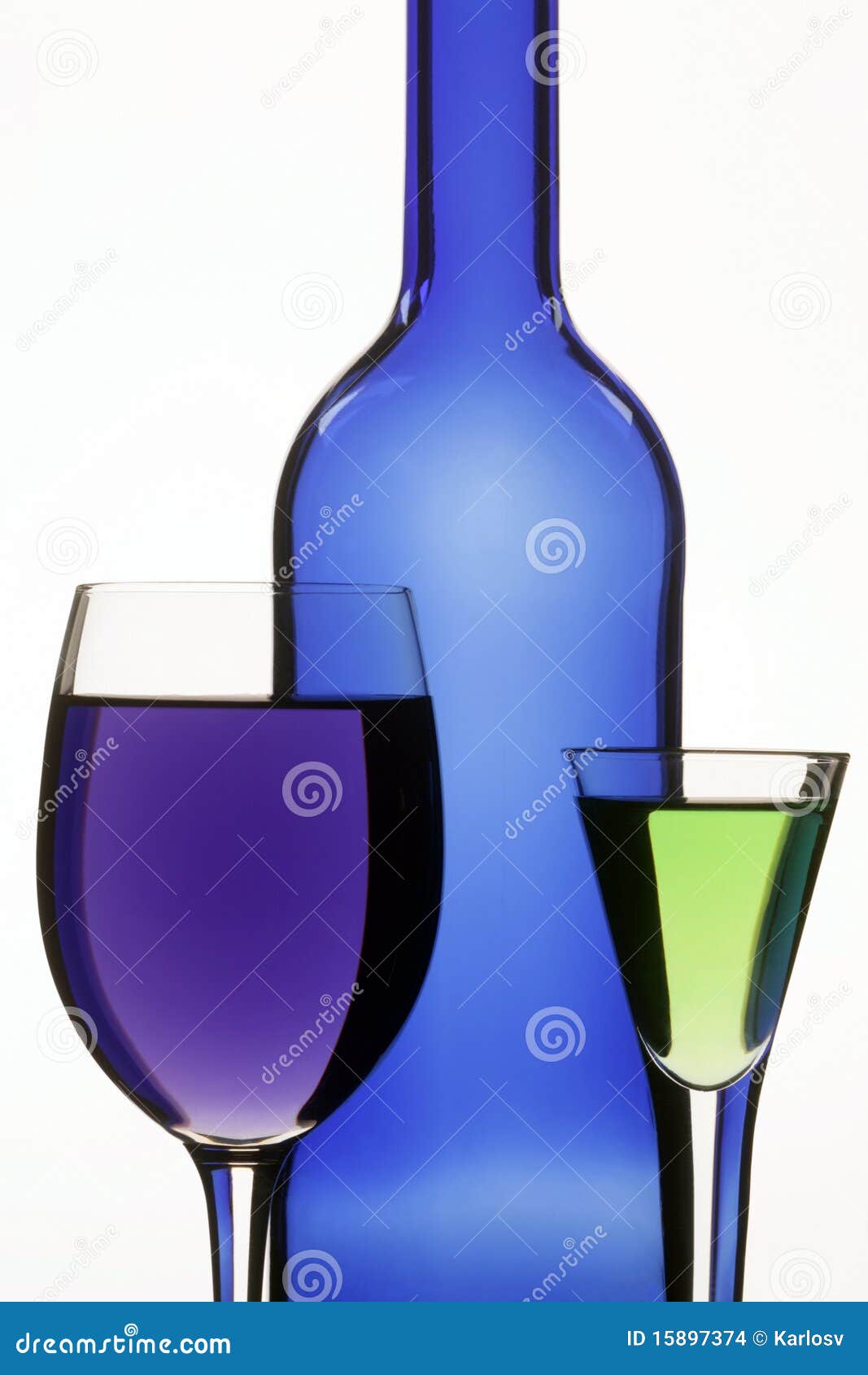Dark Blue Bottle and Two Wineglasses Stock Photo Image of color