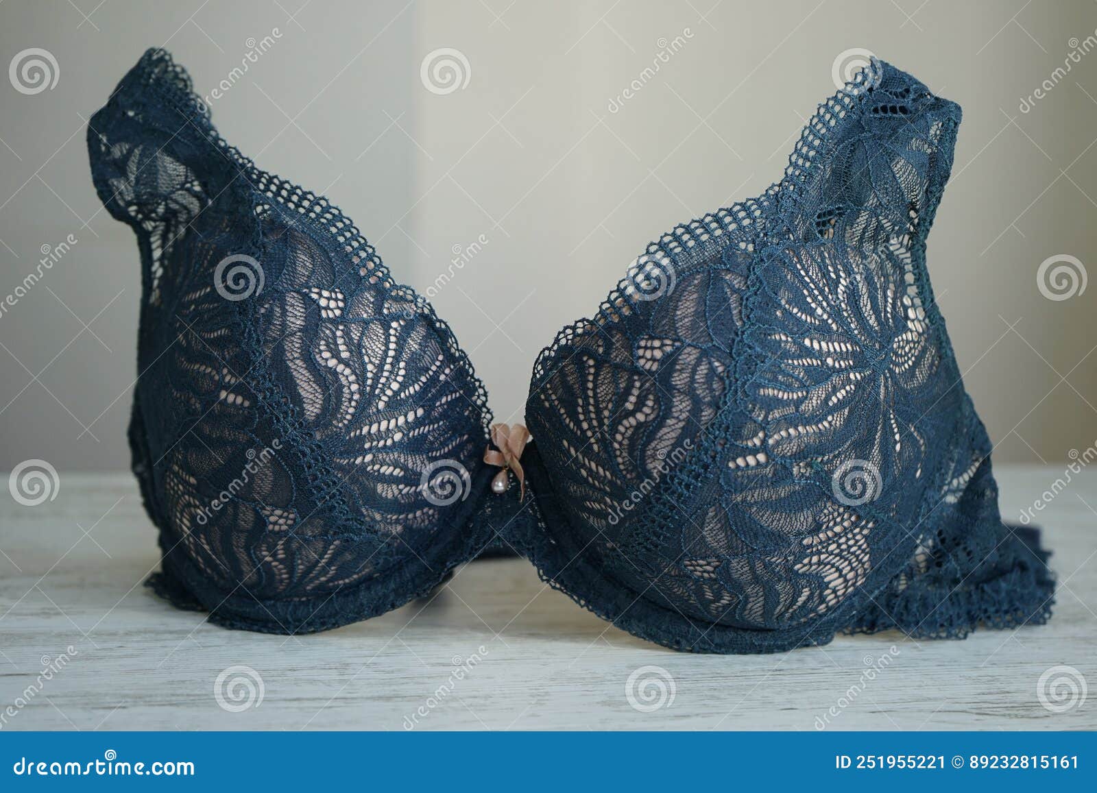 Dark Blue Female Bra with Push Up. One Lace Bra Close Up. Brassiere on a  White Beige Background. Women`s Underwear Stock Photo - Image of accessory,  girl: 252153414