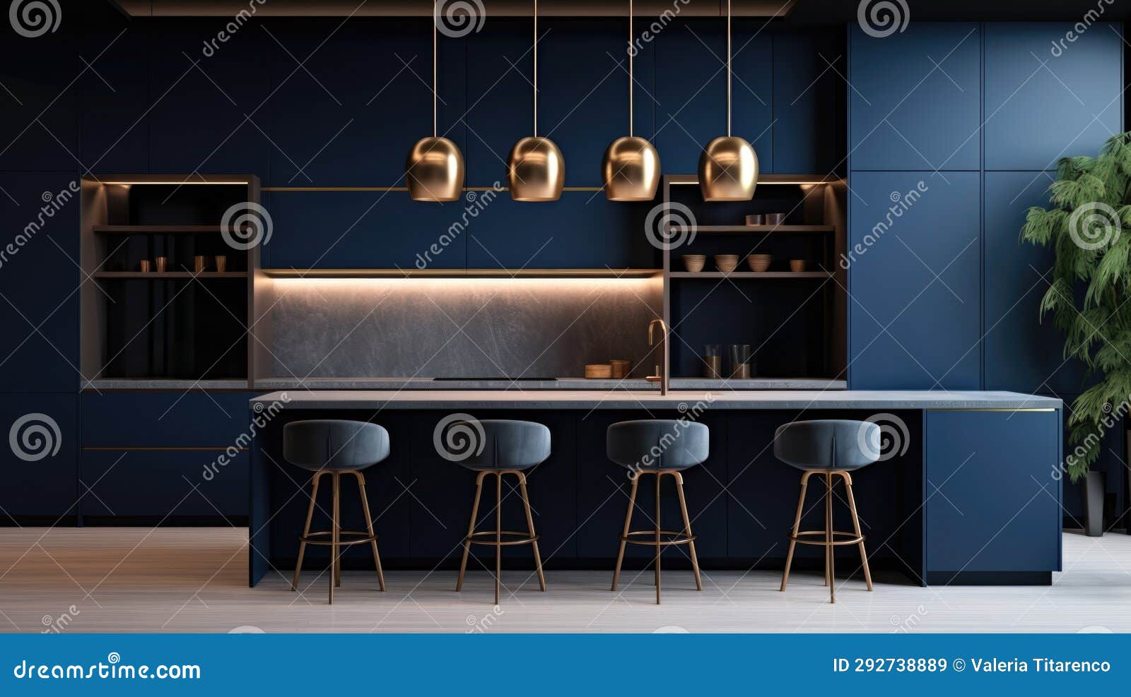 The Dark Blue Gold Interior of the Kitchen, the Design is Modern for
