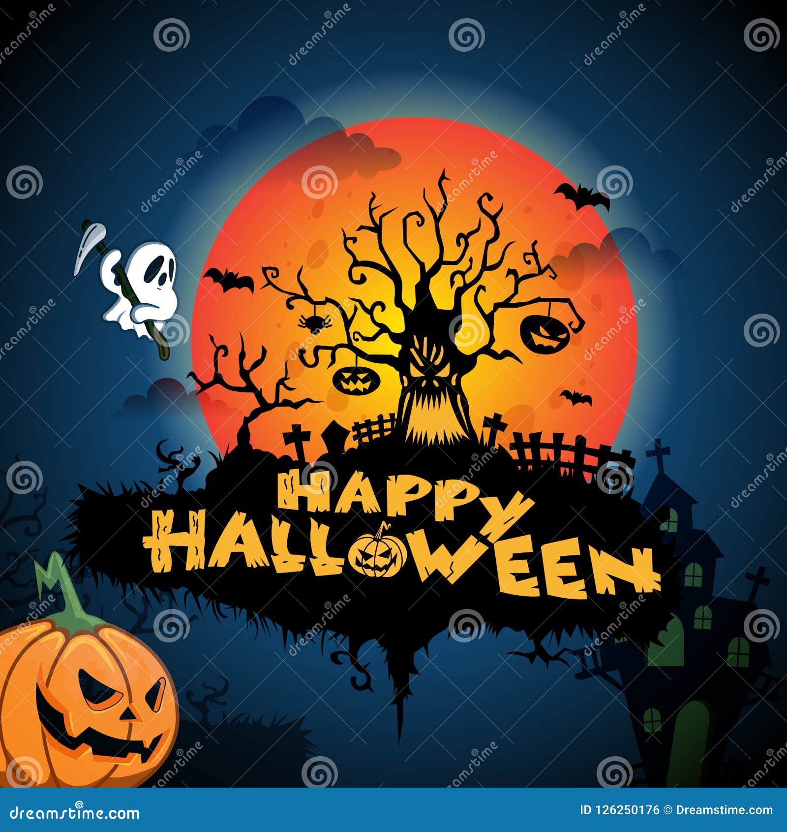 Dark Blue Happy Halloween Background Illustration with Scary Tree Stock ...